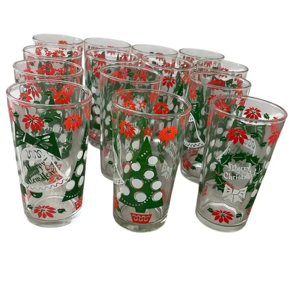 VINTAGE HAZEL ATLAS GLASSES SET OF 14 HOLIDAYS CHRISTMAS WREATH HOLLY BERRY RARE